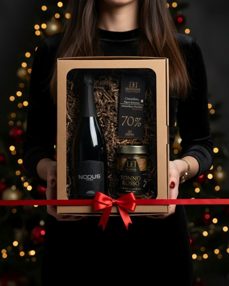 Darčekový balíček Mediterraneo Nero – Luxusný set šumivého vína, tuniaka a čokolády