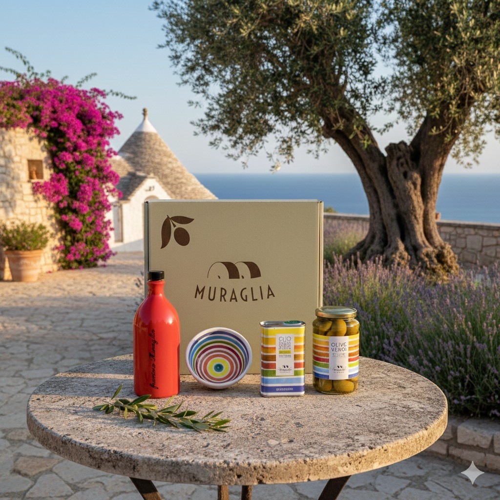 Frantoio Muraglia darčekové balenie kvalitného olivového oleja a dizajnovej keramiky Aperitivo