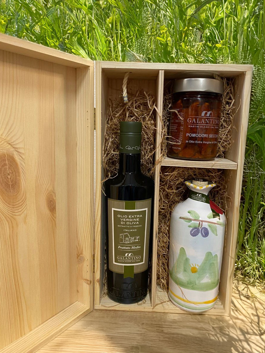 Galantino Mediterraneo Classico – Darčekový set olivových olejov a sušených rajčín v drevenom boxe