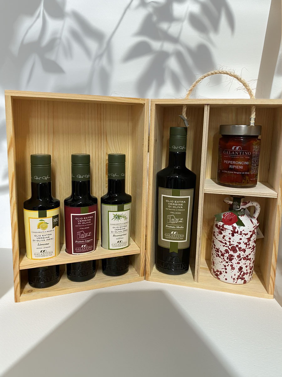 Galantino Mediterraneo Fantasia – Set prémiových olivových olejov a chutí Stredomoria v drevenom boxe