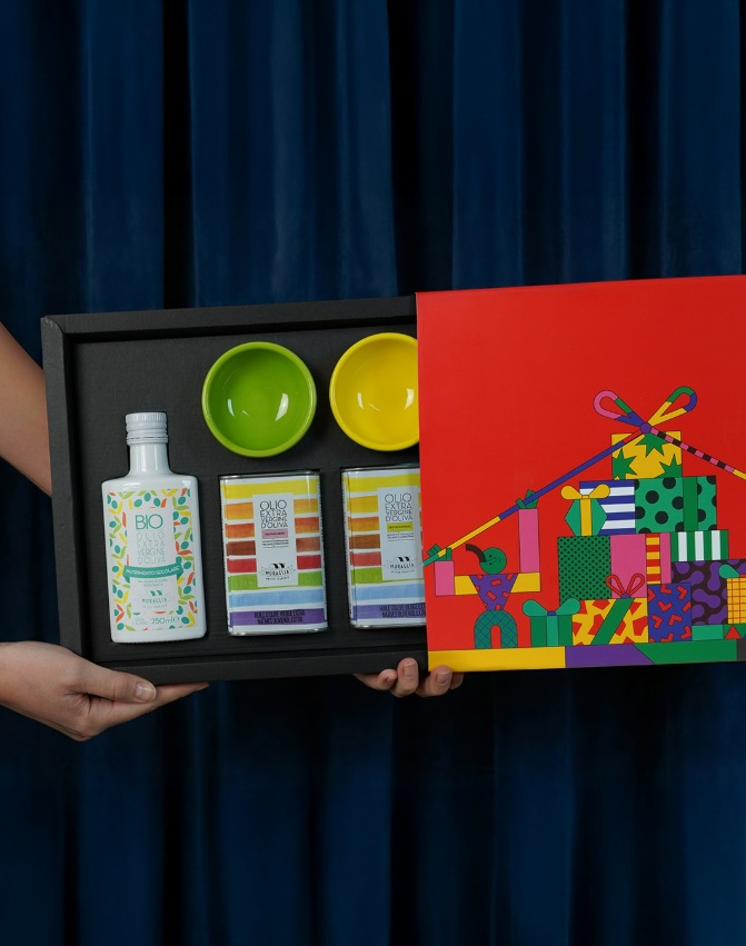 Frantoio Muraglia darčekové balenie kvalitného olivového oleja a dizajnovej keramiky Degustazione Falsini