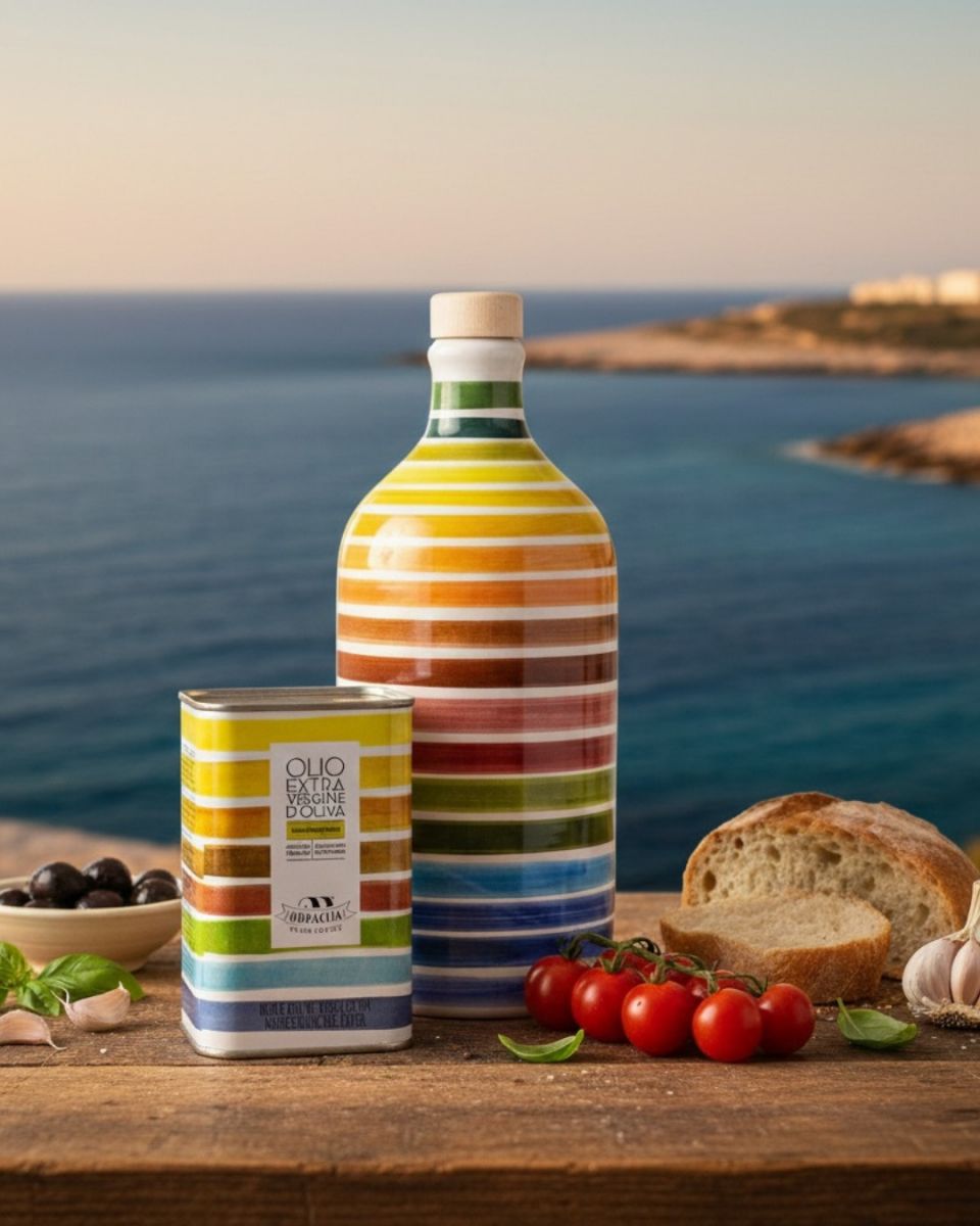 Frantoio Muraglia Olivový extra panenský olej v exkluzivním keramickém balení + Olivový olej 0,25-litrové balení v plechovce (Duha)